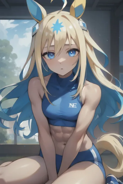 neo universe(umamusume), ((ultra-detailed face)), symmetrical face, beautiful face, masterpiece, best quality, athletics track, muscular, slender, rikujou, horse tail, abs, expressionless, hand between legs