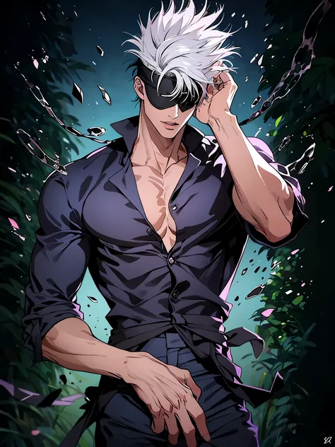 gojo satoru, male, black eyepatch, nose, lips, white hair, open shirt, chest, abs, correct muscles, black tie, black shirt, tie,...