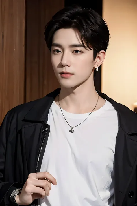 ((Best Quality, 8K, masterpiece: 1.3))、Cool Korean man, １20 year old man、Korean style long hair、Sturdy face、Handsome nose、Detailed eyes and face、Beautiful lighting、(studio)、High Resolution、 （visible to the audience）、mouth details、Thin Mouth、,Sorrisos、whole body: 1.5, perfect body figure: 1.picture of both shoulders:1.3, Wearing a White T-shirt and a casual Black coat:1.5, Accessories : (men's earrings, necklaces, men's rings, men's watches)
