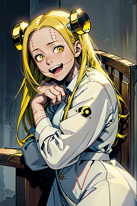 madaraki_fran,a  girl ,(((laughs a lot))),happy,the madhatter ,surgeon ,clean hands, hairlong , yellow hair,seams , scars on the...