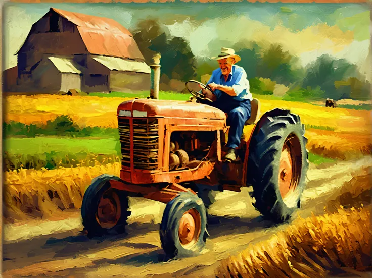 old farmer and detailed farm stunning oil paint illustration, smile, harvest, ride on an insane retro quality tractor, grunge ef...