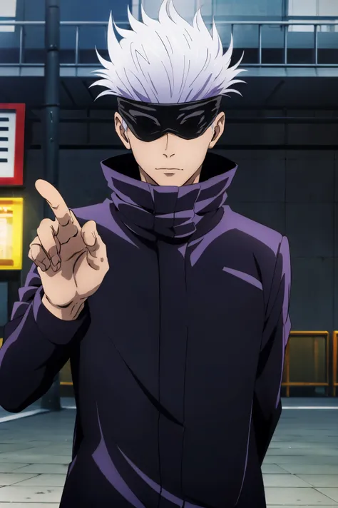 best quality, ultra high res, Gojo Satoru, Jujutsu Kaisen, looking at viewers, standing, white hair, spiked hair, black jacket , popped collar, outdoors, shibuya station, male focus, upper body, stylish_pose, hands jutsu, blindfold, covered eyes,