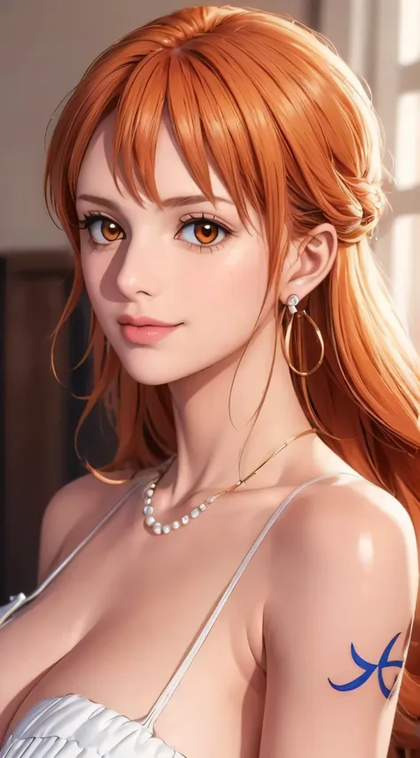 （（（with brown eye，gold bracelet，pearl earrings，left shoulder tattoo，orange color hair，（（white dresses）），s-shaped body:1.7））），((t...