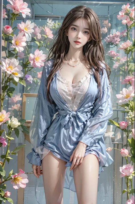 sweet girl clothes2,pearl necklace,blue dress,flower,realistically, a high resolution, 1人の女性, alone, (detailed faces), brown hai...