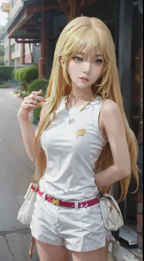 anime girl with long blonde hair and a white top posing in a parking lot, seductive anime girl, blonde anime girl with long hair, marin kitagawa fanart, anime visual of a cute girl, attractive anime girl, with a large breasts, beautiful anime high school g...