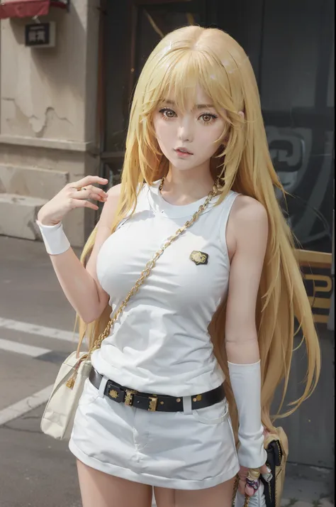 anime girl with long blonde hair and a white top posing in a parking lot, seductive anime girl, blonde anime girl with long hair...