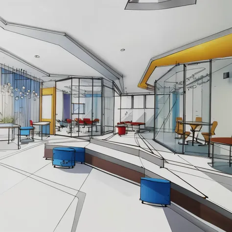 Conceptual renderings,chromatically,Metal Technology Corporation,Room drawing with sofa, The glass is transparent, the top is metal, the table is white leather and the chairs are blue., conceptual drawing, Office 3D renderings, architectural illustration, ...
