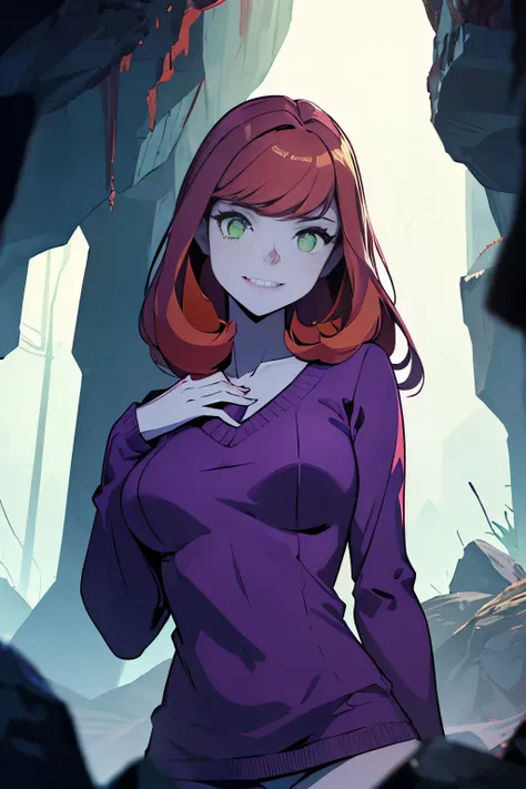 (((masterpiece)))  daphne blake, possessed by perverted spirit, horror theme, glowing green eyes, pale skin, small breast, fit b...