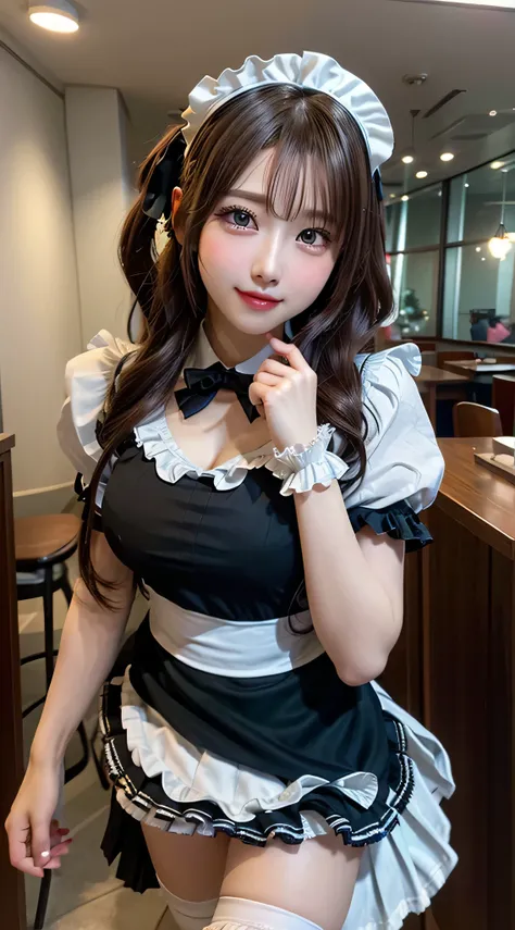 (1young girlrown hair, Amazing face and eyes, Pink eyes, seducting smile, (Maid café costume with frills, Pleated mini-skirt:1.5), (Wide open maid cafe costume:1.2), bared  chest, (amazingly beautiful girl), Brown hair, Stylish hair ornamen Quality:1.4), (Ultra-detailed), (extremely detailed CG unified 8k wallpaper), Highly detailed, High-definition raw color photos, Professional Photography, depth of fields, (View from below),
