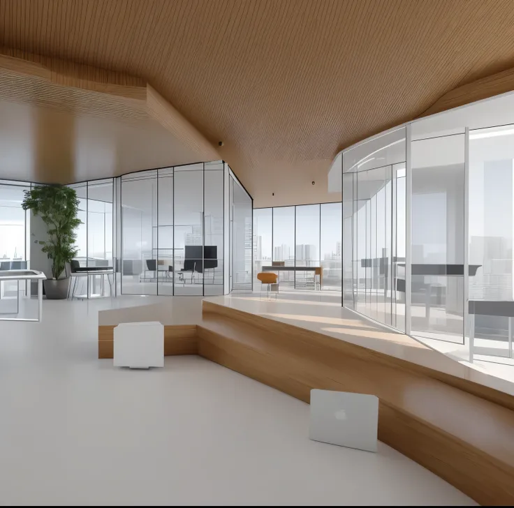 Rendering of room with large windows and desk sharp focus headquarters, Colorful architectural drawings, Commercial three-dimensional renderings、, Interior architectural landscape, building rendering, office room interior, conceptual drawing, Render in Vra...