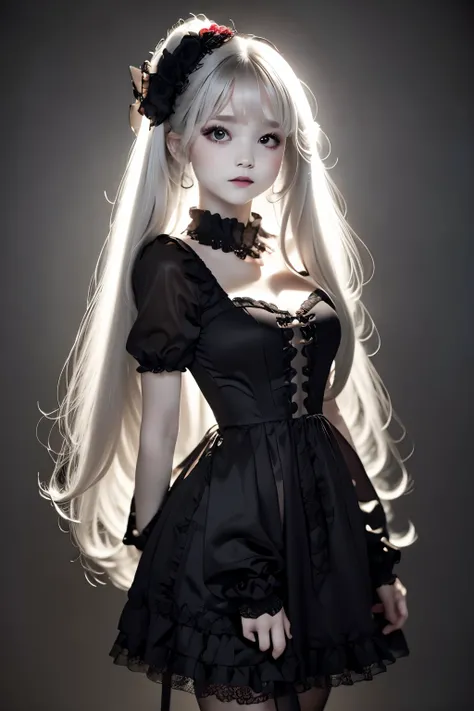 parfect anatomy、top-quality、masuter piece、ultra-detailliert、8k、14years、Correct depiction of the human body、Full Body Angle、Delicately drawn face、Detailed eyes,Beautiful eyes、Infinitely clear eyes、Pretty face woman、Gothic Lolita Fashion、Black Gothic Lolita ...