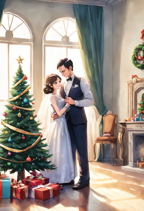 European style building villa hall background，Scenes，There is a huge Christmas tree，Luxurious Christmas tree，Various toys and gifts under the Christmas tree，The man of the villa spent Christmas happily with his wife and daughter。Best Picture Quality，Rich a...
