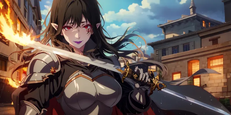 anatomically correct, best quality, masterpiece, high quality, high details, highres, HD, (shaded face:1.2), hollow eyes, red eyes, looking at viewer, smirk, upper teeth, black hair, long hair, pointy ears, huge breasts, sagging breasts, pale skin, sweatin...
