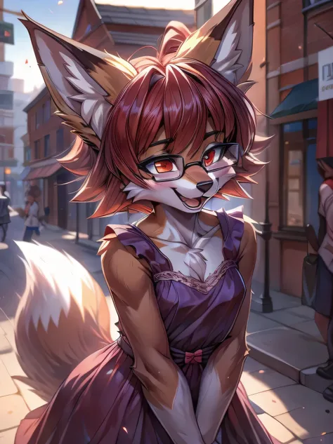 1 person, fox furry girl with short red hair, fluffy hair shy, beautiful red eyes, wearing glasses,  very  fluffy tail, small ch...