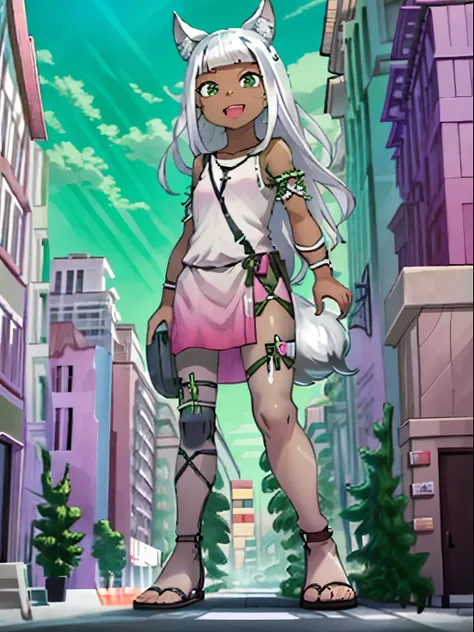 Ochette, girl, dark skin, white hair, green eyes, giantess, huge, 70 ft tall, cute, full body, best quality, pink dress, metal bracelets, larger than buildings, flat ground, street, ground visible, black trousers, adorable, kind, gentle, empty hands, small...