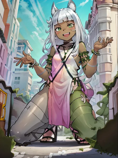 Ochette, girl, dark skin, white hair, green eyes, giantess, huge, 70 ft tall, cute, full body, best quality, pink dress, metal bracelets, larger than buildings, flat ground, street, ground visible, black shorts, adorable, kind, gentle, empty hands, small b...