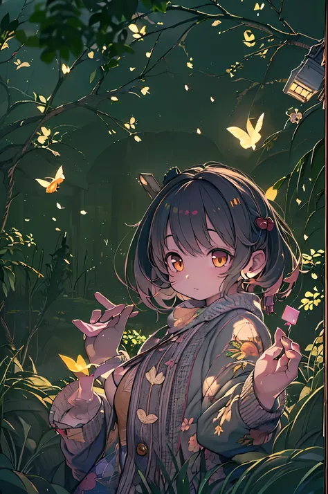 (8K, of the highest quality, masutepiece: 1.2), (Realistic, photoRealistic: 1.37), Super Detail, One girl, Wide-angle angle of view, Firefly Garden, There are many small faint lights and fireflies flying around, Night,Chibi、huge-breasted