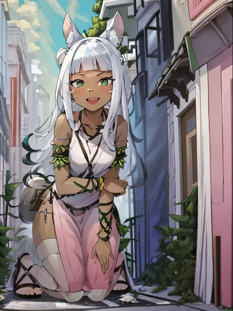 Ochette, girl, dark skin, white hair, green eyes, giantess, huge, small viewer, 70 ft tall, cute, full body, best quality, pink dress, metal bracelets, larger than buildings, flat ground, street, ground visible, black shorts, wearing shorts, adorable, kind...