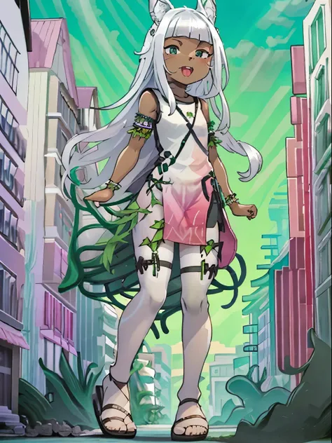 Ochette, girl, dark skin, white hair, green eyes, giantess, huge, small viewer, 70 ft tall, cute, full body, best quality, pink dress, metal bracelets, larger than buildings, flat ground, street, ground visible, black shorts, wearing shorts, adorable, kind...