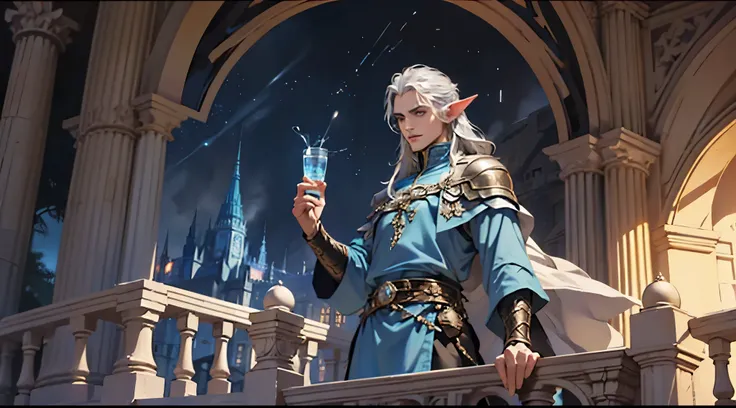 male high elf noble sorcerer, feywild elven city in the background, on a balcony overlooking the city, long silver hair, young f...