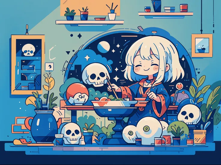 witch stirring a cauldron with herbs, smiling, indoors, and a skull present.