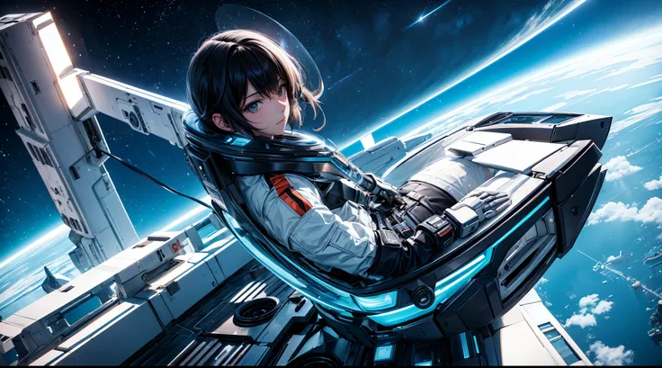 Estilo anime, que se sienta en el suelo y mira el planeta, Vaquera espacial, Cyber-Vaquera espacial, inspirado en Josan Gonzalez, Makoto Shinkai ( Leyendas de Apex ), Akira's art style, Ross Tran Stil, Vibraciones de Akira, Akira's art style, flota...