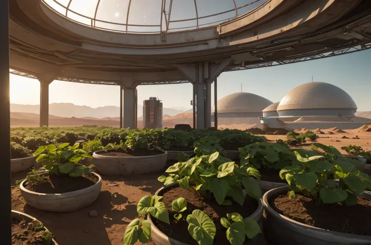 there is one cyber farm on mars, the farm is fully automated and robotic, the farm grows martian plants and breeds martian anima...