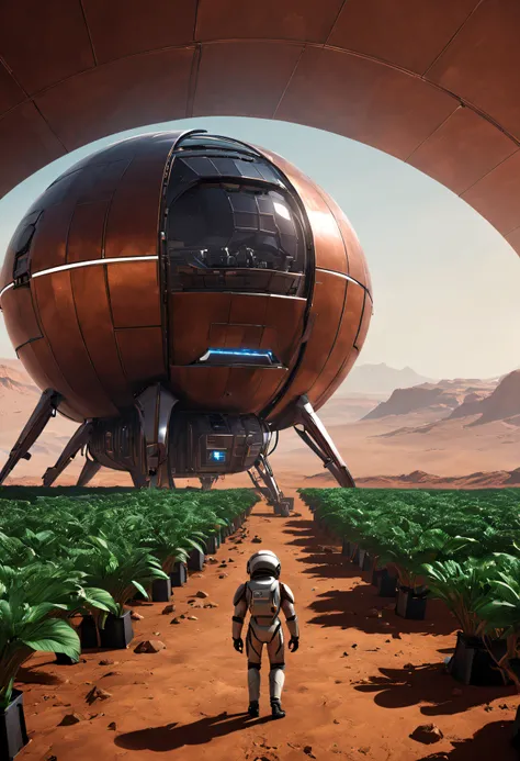 there is one cyber farm on mars, the farm is fully automated and robotic, the farm grows martian plants and breeds martian anima...