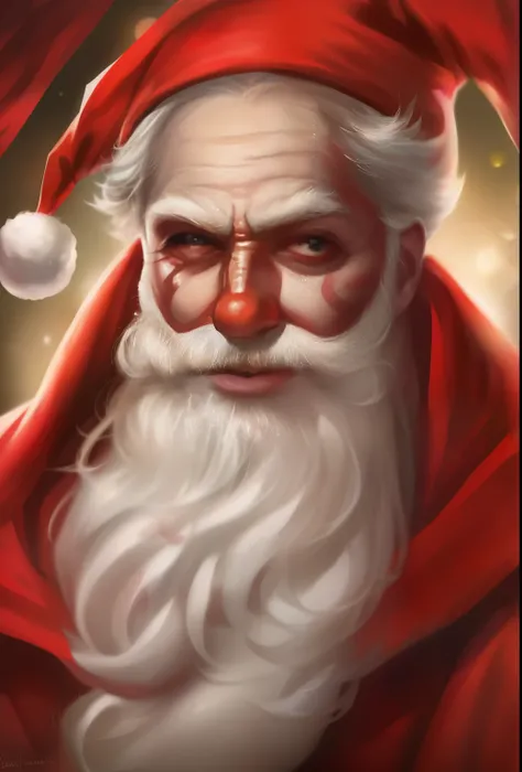 clown with red and white makeup and a red cape, Santa, portrait death clown, cutecore clowncore, trending on artstation 4k, Santa claus, How trending on ArtStation, communist clown portrait, zany, Popular on ArtStation HD, Author: Daarken, wojtek fus, clow...