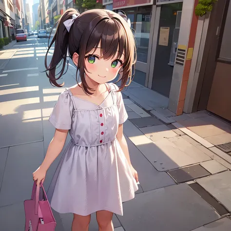High angle, side ponytail, masterpiece、top-quality、 A 5-year-old girl with green eyes and orange bangs.、child, Wearing a white blouse、Wearing a white skirt、(smile:1.3)、 (Staring:1.5)、is standing、The background is the city、Bold composition、Upper body is sh...