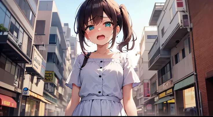 side ponytail, masterpiece、top-quality、 A 5-year-old girl with green eyes and orange bangs.、child, Wearing a white blouse、Wearing a white skirt、(crying:1.3)、open mouth, (Staring:1.5)、is standing、The background is a shopping street、Bold composition、Upper b...