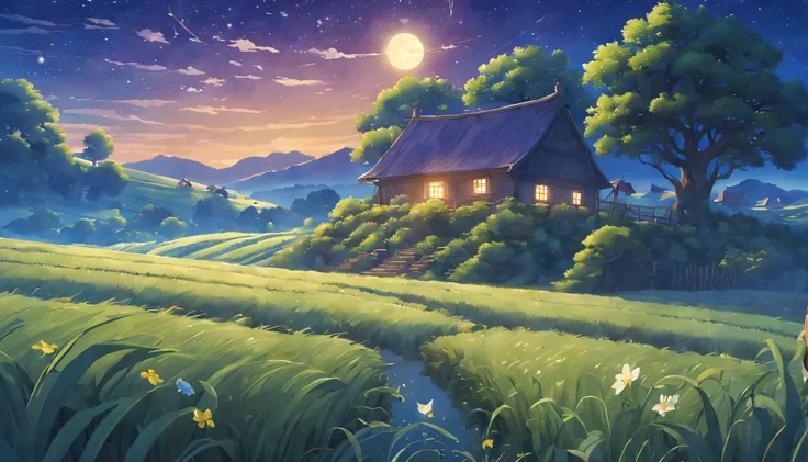 Ghibli animation style,magnificent landscape painting,natta,Farm life,Girl scene with a flower in her hair,natural,Green house,Tano,cropper,Qianqian,abundance,Lavora,tools,Industrious farmer,abundance的水果和蔬菜,Farm animals eating grass with satisfaction,Pictu...
