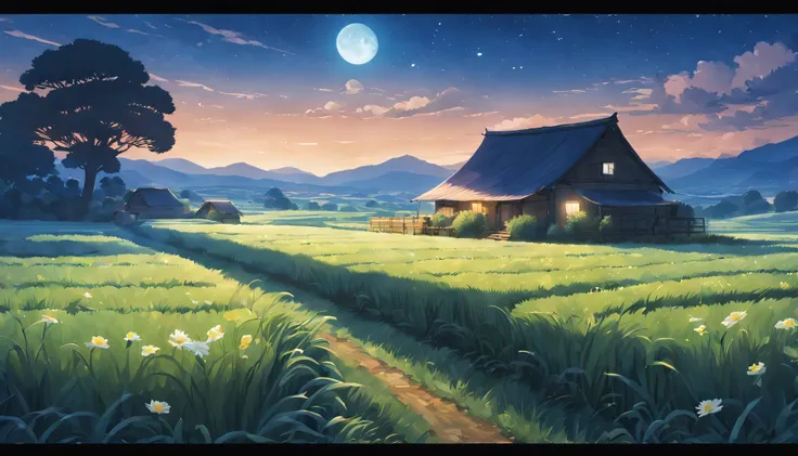 Ghibli animation style,magnificent landscape painting,natta,Farm life,Girl scene with a flower in her hair,natural,Green house,Tano,cropper,Qianqian,abundance,Lavora,tools,Industrious farmer,abundance的水果和蔬菜,Farm animals eating grass with satisfaction,Pictu...