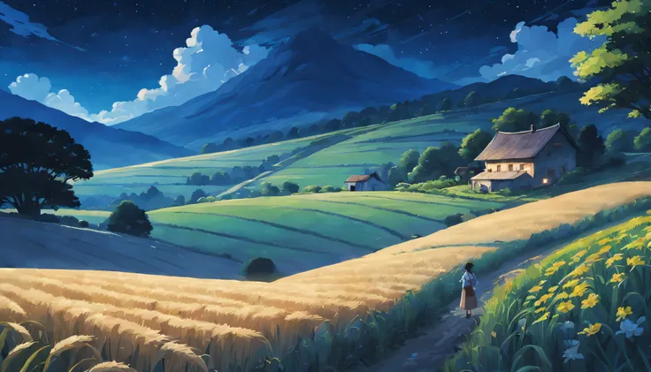 style in ghibli anime, magnificent landscape painting, the night, Farm life, Girl with a flower in her hair, farm scene, naturey, Green, Farm, spheres, cropper, flourishing, abundance, lavoura, tools, Industrious farmer, abundance的水果和蔬菜, Farm animals meeti...