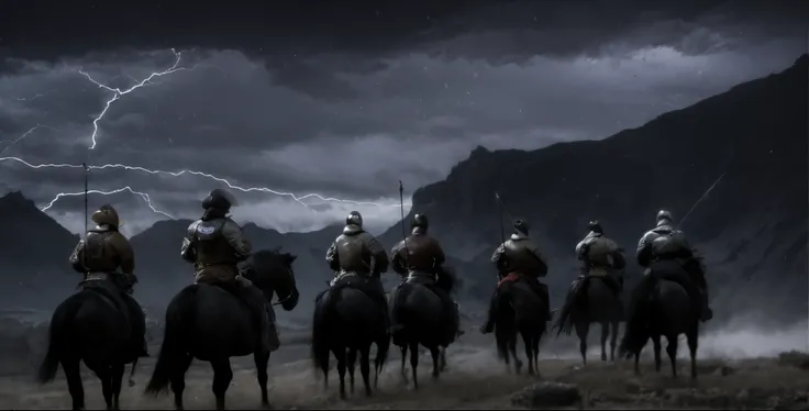 shot from far away, overhead photography, wide wide shot, thunderstorm, A group of businessmen, posterior view, Barren soil, Rochas, rugged, sparse weeds, Monte, 越过Monte丘, rugged Monte, ride horse, medieval times, Accompanied by heavily armed warriors, Bla...