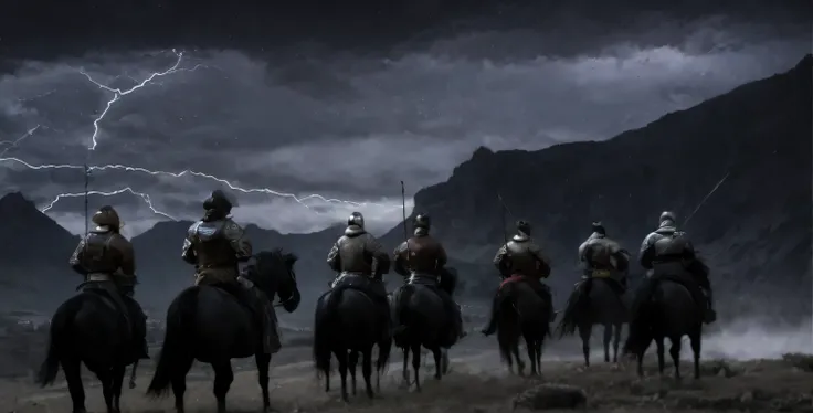 shot from far away, overhead photography, wide wide shot, thunderstorm, A group of businessmen, posterior view, Barren soil, Rochas, rugged, sparse weeds, Monte, 越过Monte丘, rugged Monte, ride horse, medieval times, Accompanied by heavily armed warriors, Bla...