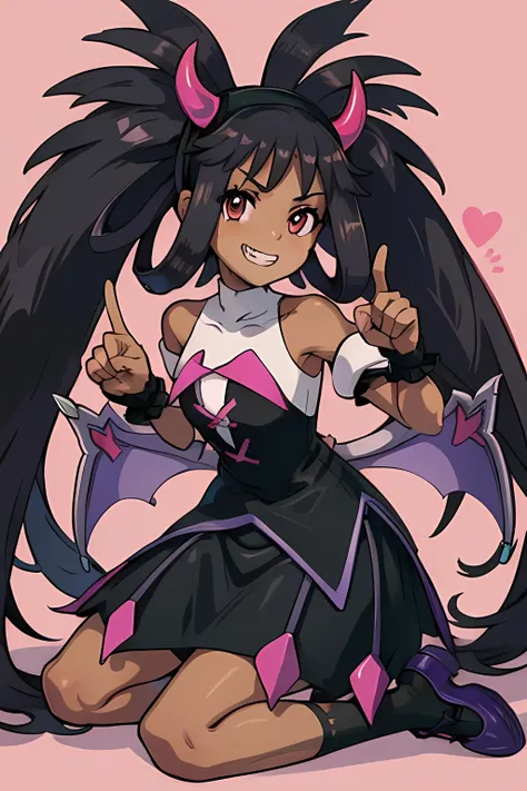 cciris,fake horns,hairband,brown eyes,long hair,twintails,hair rings,bangs,dark skin,black dress,sleeveless,wrist cuffs,fake win...