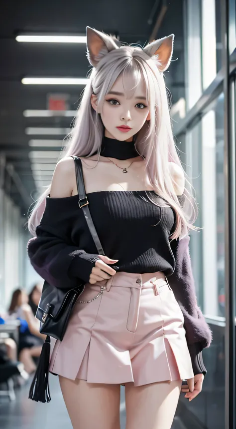 （woman standing in office district）1 girl, silver hair, striated hair, bangs, blunt bangs, long hair, pink hair, aqua eyes, long...