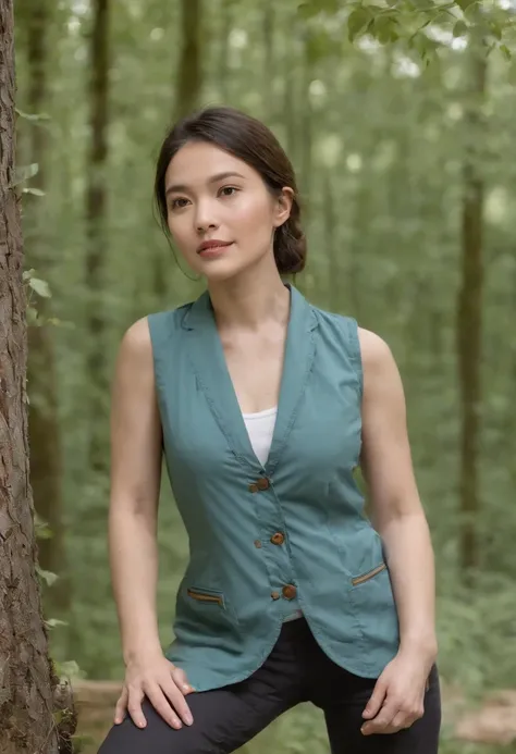 Cette image représente une femme dorigine asiatique, dune conception avancée, assise sur une chaise pliante en bois, sous un arbre, dans un camping. Elle porte un pantalon de randonnée noir, des chaussures de randonnée imperméables, une chemise de randonné...