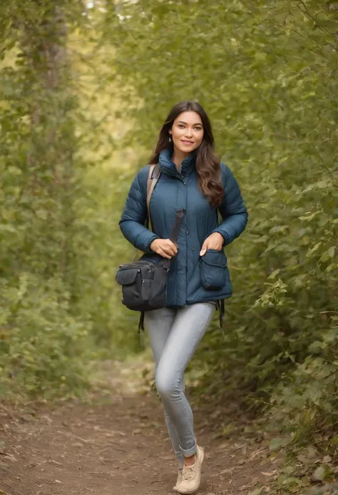 Cette image représente une femme dorigine asiatique, dune conception avancée, assise sur une chaise pliante en bois, sous un arbre, dans un camping. Elle porte un pantalon de randonnée noir, des chaussures de randonnée imperméables, une chemise de randonné...