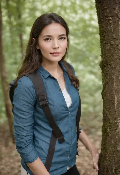 Cette image représente une femme dorigine asiatique, dune conception avancée, assise sur une chaise pliante en bois, sous un arbre, dans un camping. Elle porte un pantalon de randonnée noir, des chaussures de randonnée imperméables, une chemise de randonné...