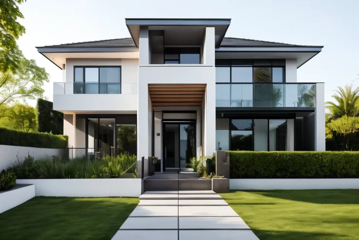 front view,building,house,glass,window,white wall,outdoors,day,blue sky,tree,grass,rock,pavement,plant,lighting,stairs,real,(rea...