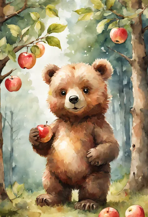 a cute bear, eating apples, forest, apple tree, watercolor style, illustration, detailed, 8k