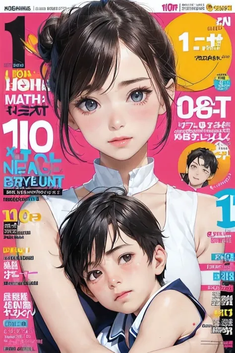 (colorful  magazine cover with lots of text)，(close-up:1.2)，pajamas， 1girl，grasp by hand，(mother and son:1.5)，(kiss:1.2)，(a ten-...