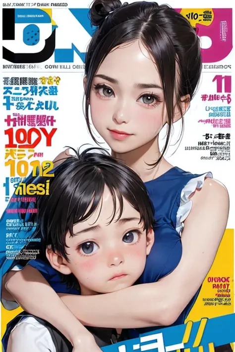 (colorful  magazine cover with lots of text)，(close-up:1.2)，pajamas， 1girl，grasp by hand，(mother and son:1.5)，(kiss:1.1)，(a ten-...