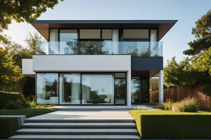 front view,building,house,glass,window,white wall,outdoors,day,blue sky,tree,grass,rock,pavement,plant,lighting,stairs,real,(rea...