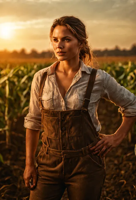 in the golden light of the countryside, a beautiful and sexy female farmer tends to her fields with a sense of purpose and deter...