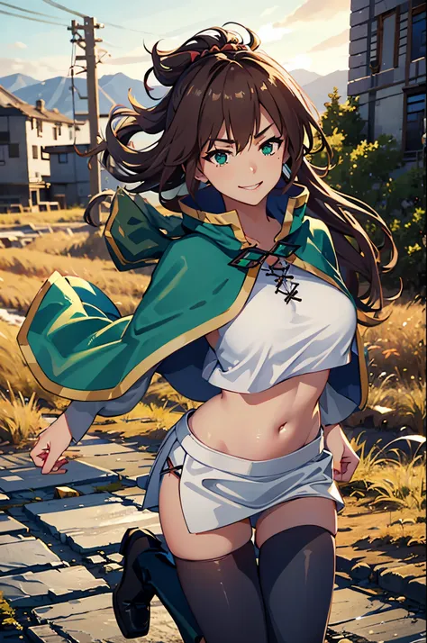 masterpiece, best quality, 1girl, kazuma girl, cowboy shot, (female body:1.3), long hair, brown hair, green eyes, green cape, ca...