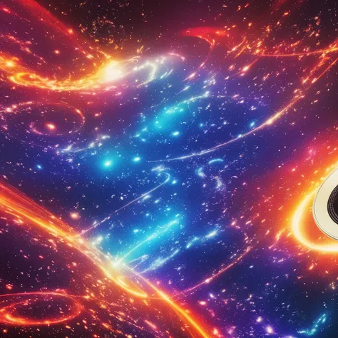 (centered in frame ,High resolution, incredibly detailed, masterpiece ilustration), portrait Abstract entity DJ playing vinyl records with turntable, featuring fractal geometry in (vibrant colors:0.8), set against a (galactic background:1.2), bringing toge...