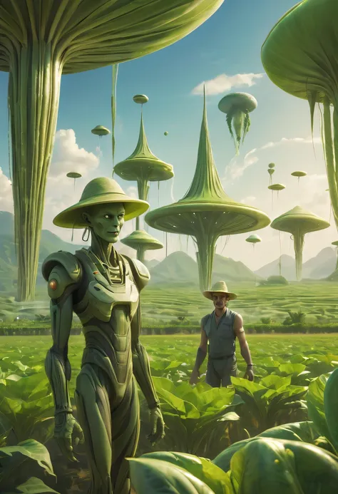 alien farm life，migrant farmers work happily，exotic crops，spacious farm，labor scene